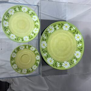 Vintage Brookpark Arcadia Green Daisy Plate Set 12pc MCM 1960s Floral Melamine
